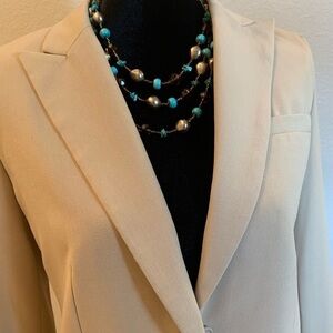 CALVIN KLEIN Neutral khaki tan classic Suit a line circle skirt blazer jacket